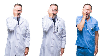 Collage of handsome senior hoary doctor man wearing surgeon uniform over isolated background covering one eye with hand with confident smile on face and surprise emotion.