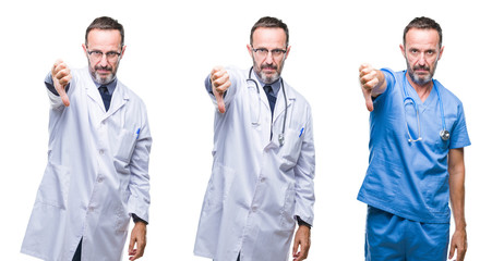 Collage of handsome senior hoary doctor man wearing surgeon uniform over isolated background...