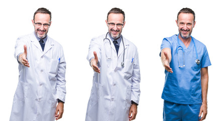 Collage of handsome senior hoary doctor man wearing surgeon uniform over isolated background smiling friendly offering handshake as greeting and welcoming. Successful business.