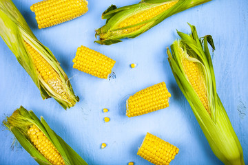 Ripe corn on a blue table