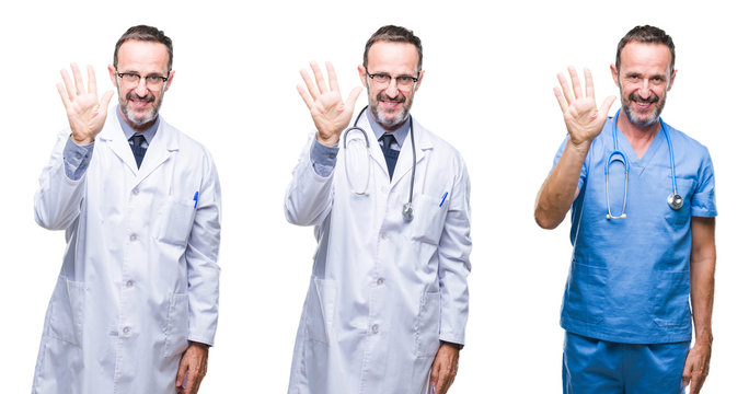 Collage of handsome senior hoary doctor man wearing surgeon uniform over isolated background showing and pointing up with fingers number five while smiling confident and happy.