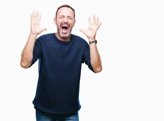 Naklejka premium Middle age hoary senior man over isolated background celebrating mad and crazy for success with arms raised and closed eyes screaming excited. Winner concept