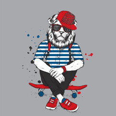 Fototapeta premium Stylish lion-skater in jeans and sneakers. Skateboard. Vector illustration for a postcard or a poster, print for clothes. Street cultures. Leo.