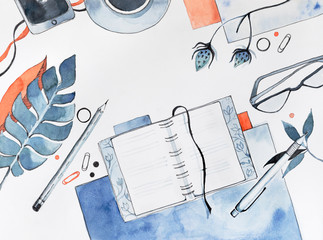 Watercolor Illustration of Flat Lay Blogger Desk - 227230157
