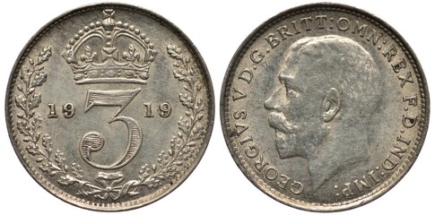 Great Britain British silver coin 3 three pence 1919, large crowned digit of value divides date, oak sprigs flank, head of King George V left,