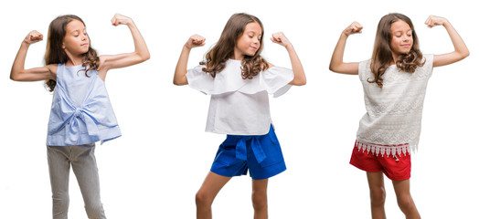 Collage of hispanic young child over isolated background showing arms muscles smiling proud....