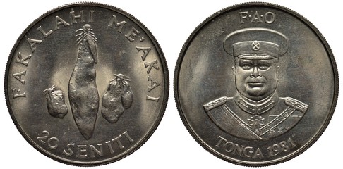 Tonga coin 20 twenty seniti 1981, subject World Food Day, yams in center, uniformed bust of King...