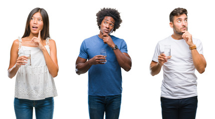 Collage of people drinking glass of water over isolated background serious face thinking about question, very confused idea