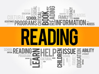 Reading word cloud collage, education concept background