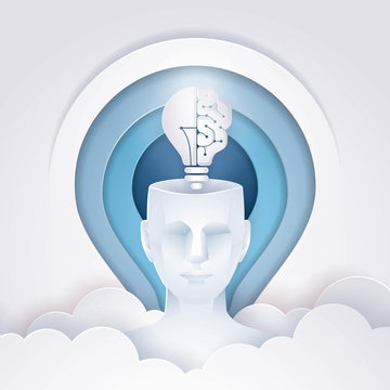 Human Head With A Half Of Light Bulb And Brain, Abtract Light Bulb Background