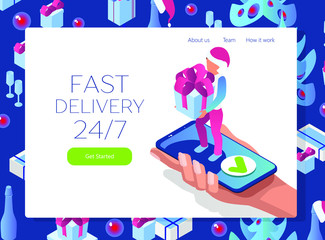 Couriers deliver gift. A man on a  gyro board. Presents Online delivering. Isometric 3d