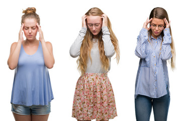 Collage of group of blonde women over isolated background with hand on head for pain in head because stress. Suffering migraine.