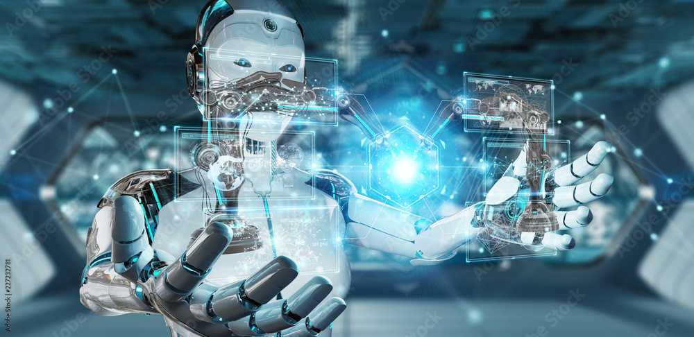 Poster white woman robot using robotics arms with digital screen 3d rendering