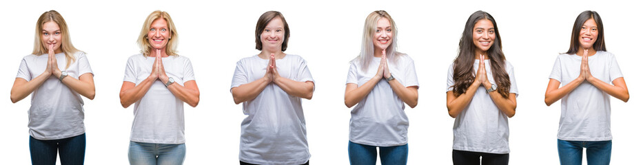 Collage of group of women wearing white t-shirt over isolated background praying with hands together asking for forgiveness smiling confident.