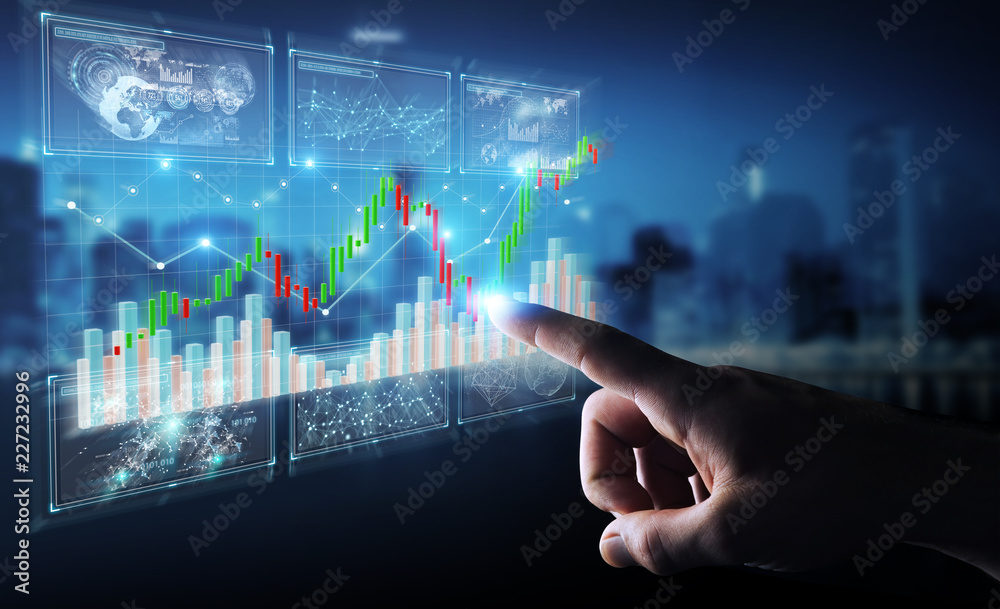Aufkleber Businessman using 3D rendering stock exchange datas and charts