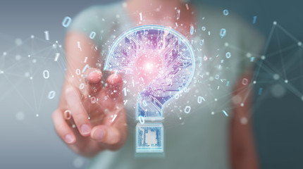 Businesswoman solving problem with digital question marks 3D rendering