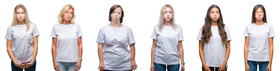 Collage of group of women wearing white t-shirt over isolated background puffing cheeks with funny face. Mouth inflated with air, crazy expression.