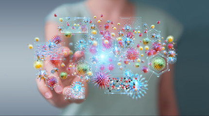 Businesswoman analyzing bacteria microscopic close-up 3D rendering