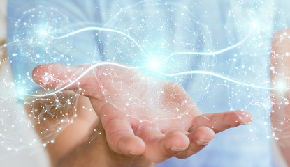 Fototapeta premium Businessman using digital network connection sphere 3D rendering