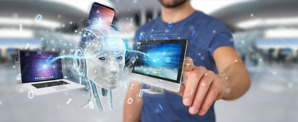 Businessman using white humanoid controlling modern devices 3D rendering