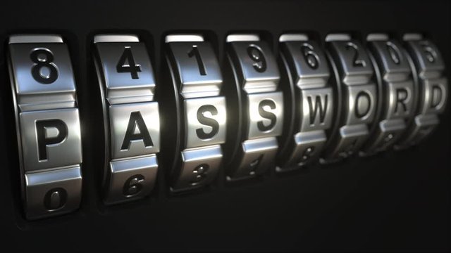 Mechanichal code lock rings stop rotation at word PASSWORD. Secret or security related conceptual animation