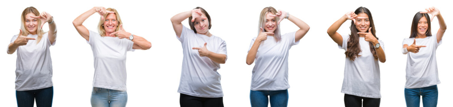 Collage of group of women wearing white t-shirt over isolated background smiling making frame with hands and fingers with happy face. Creativity and photography concept.