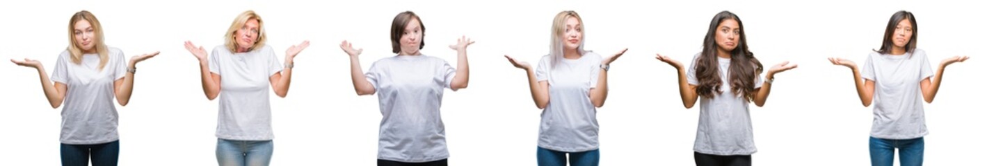 Collage of group of women wearing white t-shirt over isolated background clueless and confused expression with arms and hands raised. Doubt concept.