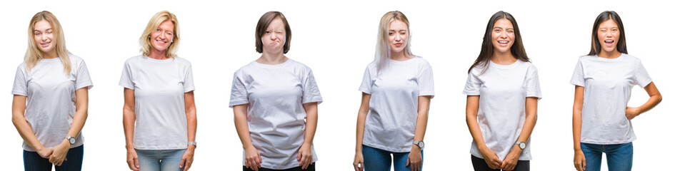 Collage of group of women wearing white t-shirt over isolated background winking looking at the...