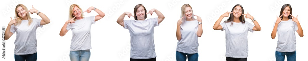 Sticker collage of group of women wearing white t-shirt over isolated background smiling confident showing a