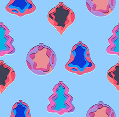 Seamless texture with 3d festive Illustrations of Christmas decorations cut from paper. Vector pattern for fabrics, backgrounds, wallpapers and your creativity