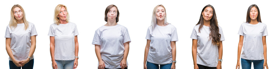 Collage of group of women wearing white t-shirt over isolated background making fish face with lips, crazy and comical gesture. Funny expression.