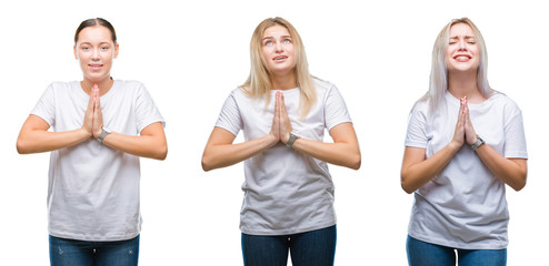 Collage of group of young women wearing white t-shirt over isolated background begging and praying with hands together with hope expression on face very emotional and worried. Asking for forgiveness.