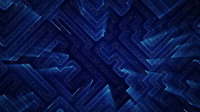Abstract technologic background with stripes and particles. Animation of circuit electric signal with light shine. Animation of seamless loop.