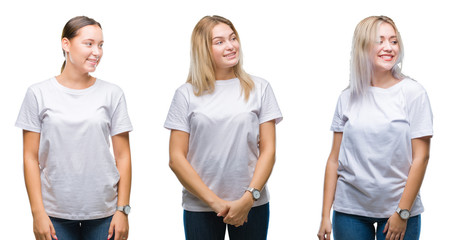Obraz premium Collage of group of young women wearing white t-shirt over isolated background looking away to side with smile on face, natural expression. Laughing confident.