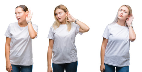 Collage of group of young women wearing white t-shirt over isolated background smiling with hand over ear listening an hearing to rumor or gossip. Deafness concept.