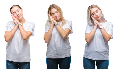 Obraz premium Collage of group of young women wearing white t-shirt over isolated background sleeping tired dreaming and posing with hands together while smiling with closed eyes.