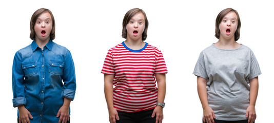 Collage of down sydrome woman over isolated background afraid and shocked with surprise expression,...