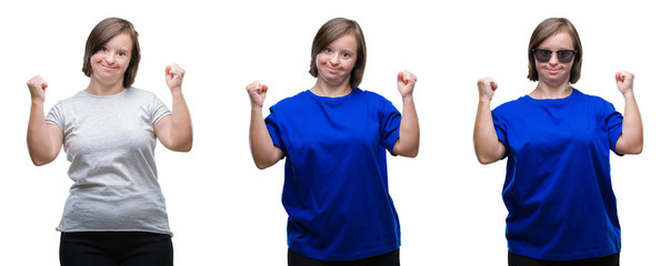 Obraz premium Collage of down sydrome woman over isolated background very happy and excited doing winner gesture with arms raised, smiling and screaming for success. Celebration concept.