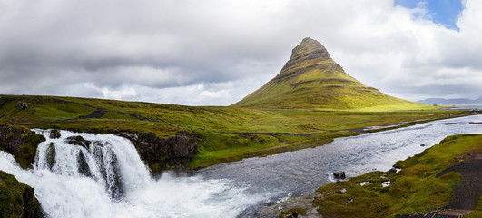 panoramic view of kirkjufell mountain and the waterfall