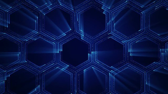 Abstract technologic background with stripes and particles. Animation of circuit electric signal with light shine. Animation of seamless loop.