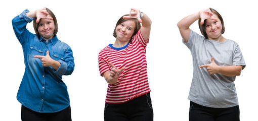 Collage of down sydrome woman over isolated background smiling making frame with hands and fingers with happy face. Creativity and photography concept.