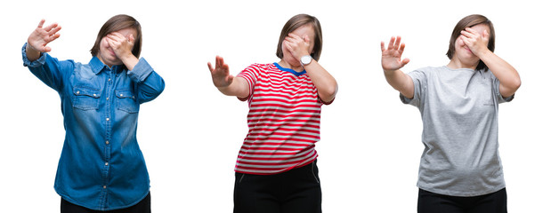 Collage of down sydrome woman over isolated background covering eyes with hands and doing stop...