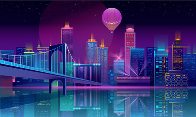 Vector concept background with night city illuminated with neon glowing lights. Futuristic cityscape in blue and violet colors, panorama with modern buildings, high skyscrapers, urban skyline - obrazy, fototapety, plakaty