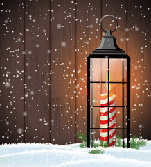 Christmas still-life with old lantern on wooden background
