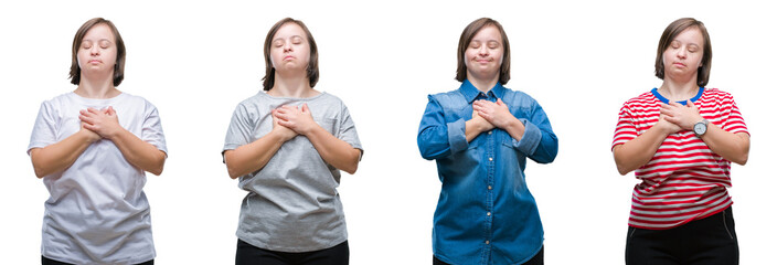 Collage of down sydrome woman over isolated background smiling with hands on chest with closed eyes and grateful gesture on face. Health concept.