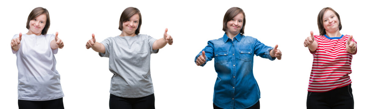 Collage of down sydrome woman over isolated background approving doing positive gesture with hand, thumbs up smiling and happy for success. Looking at the camera, winner gesture.