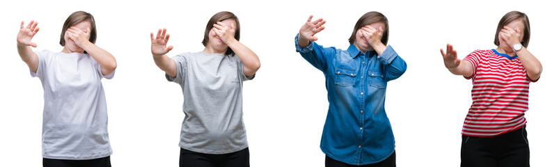 Collage of down sydrome woman over isolated background covering eyes with hands and doing stop gesture with sad and fear expression. Embarrassed and negative concept.