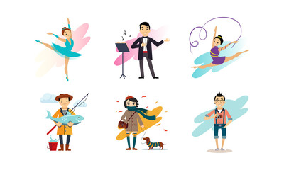 People enjoying various hobbies set, man and woman of various occupations vector Illustration on a white background