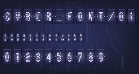 Futuristic vector Font design. Letters and Numbers for web and app. Techno font alphabet. Digital hi-tech symbols for HUD interface and cyberspace.