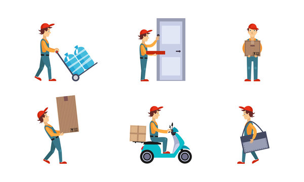 Courier or delivery men set, workers delivering water bottles, pizza, boxes, parcels, express delivery service concept vector Illustration on a white background